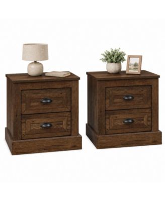2PCS Farmhouse Nightstand w/ 2 Large Drawers and Metal Handles Elevated Base