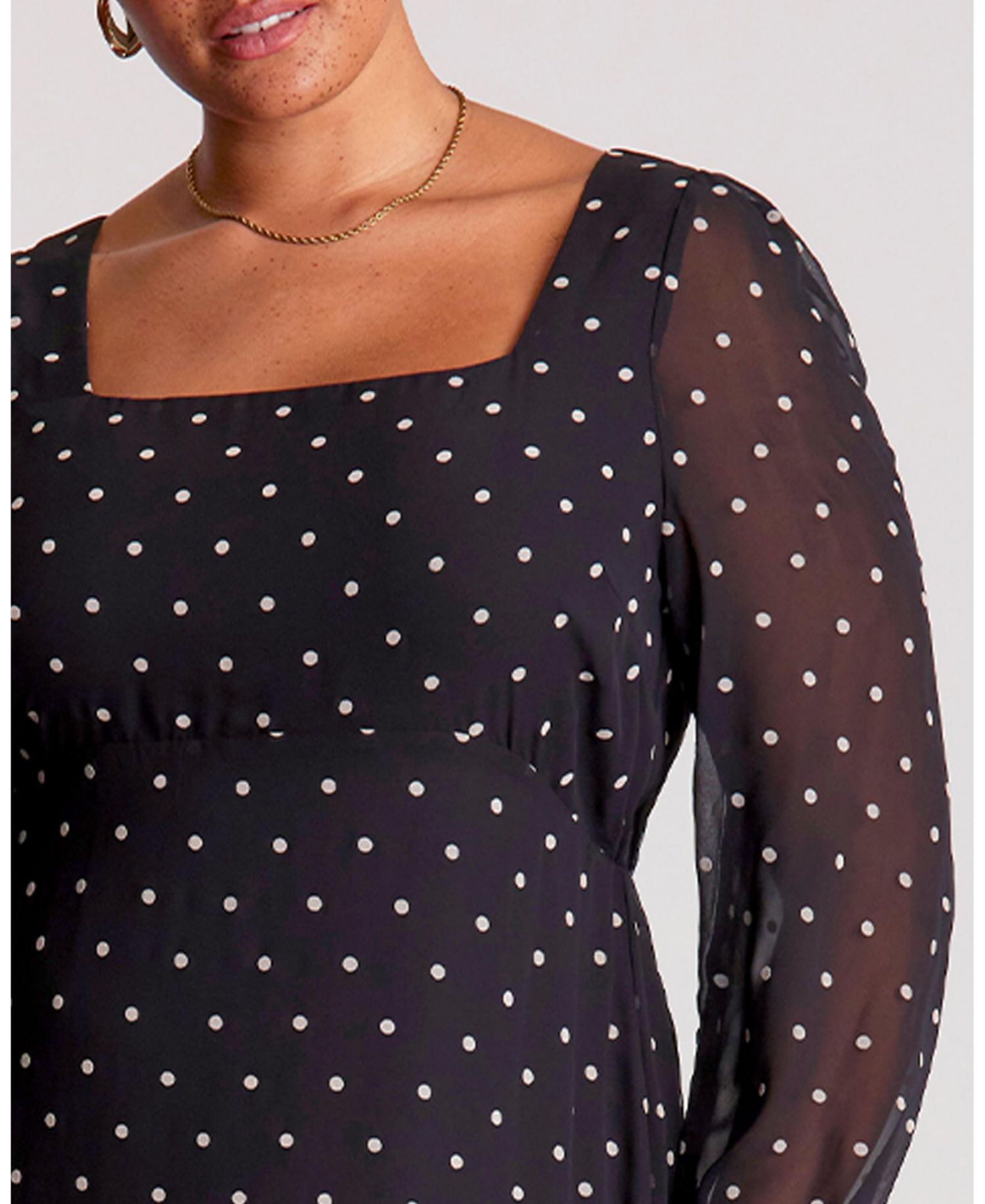 Women's Sable Polka Dot Square Neck Long Sleeve Midi Dress