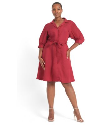 Plus Size Maribel Fit-and-Flare Collared Three-Quarter-Sleeve Linen-Blend Shirt Dress