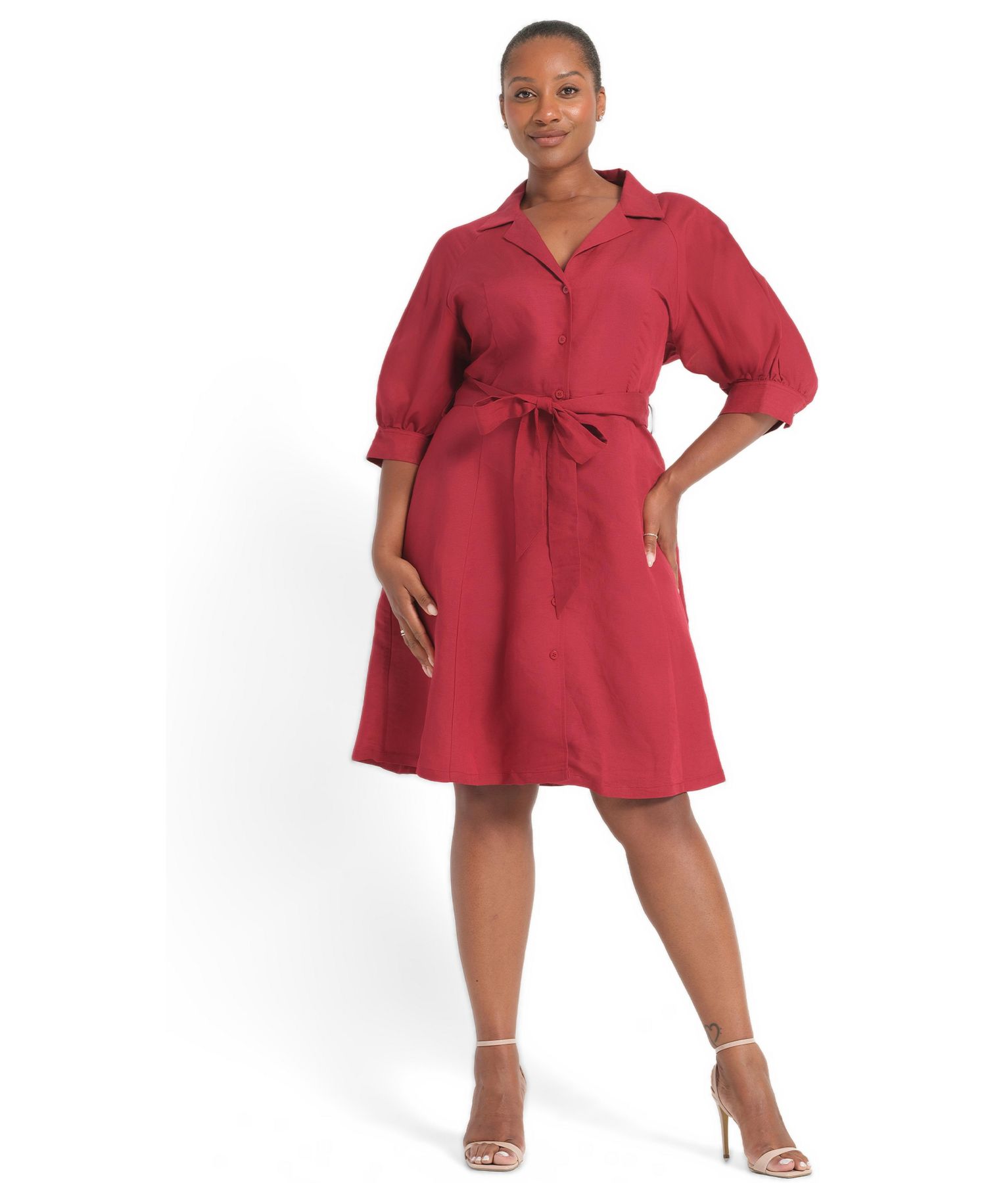 Plus Size Maribel Fit-and-Flare Collared Three-Quarter-Sleeve Linen-Blend Shirt Dress