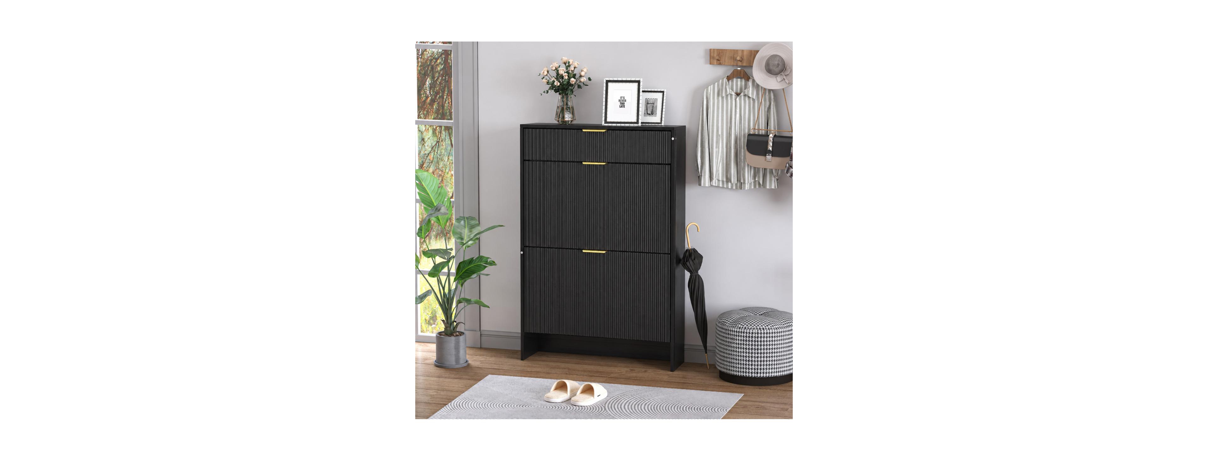 Streamdale Furniture Narrow Fluted Shoe Cabinet with Handles