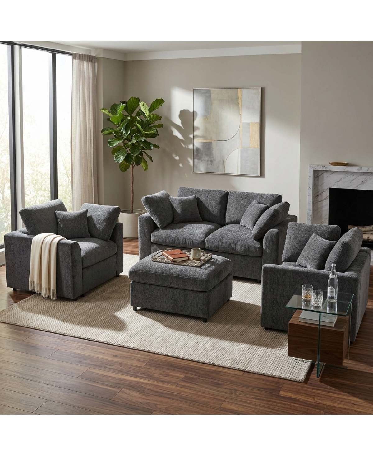 Streamdale Furniture 4-Piece Chenille Sofa Set with Loveseat, 2 Accent Chairs - Grey