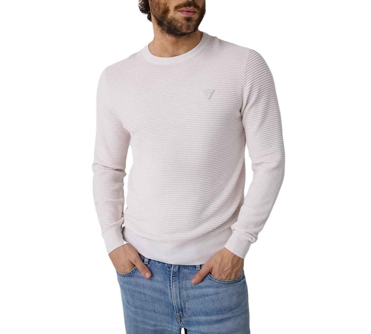 Guess Men's Waffle Stitch Long-Sleeve Regular-Fit Sweater - Muted Stone