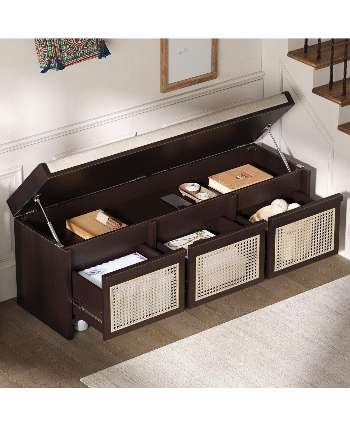 Streamdale Furniture 48" Retro Rattan Shoe Bench with Storage and Cushioned Seat - Espresso
