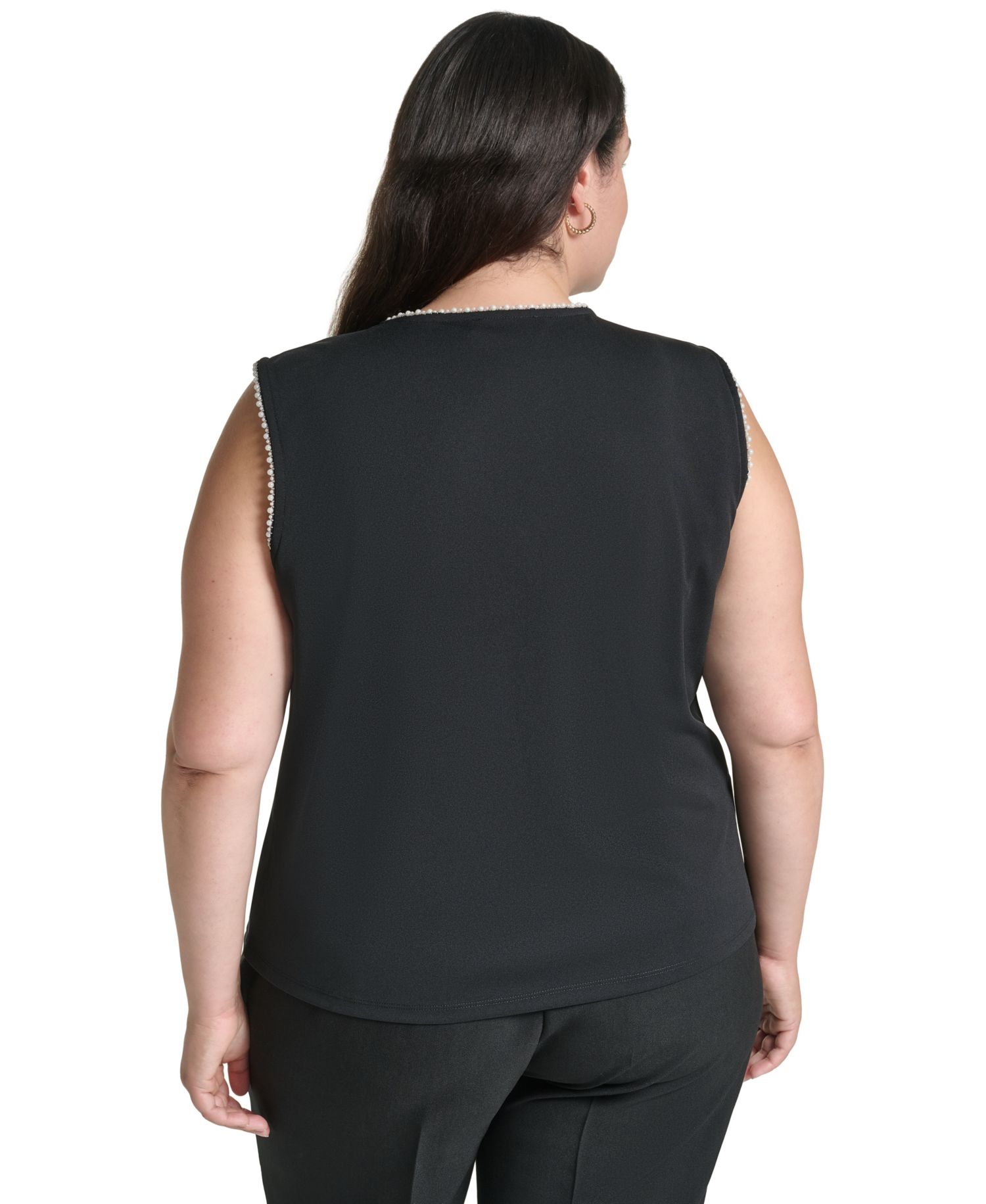 Plus Size V-Neck Sleeveless Imitation Pearl Bow Blouse