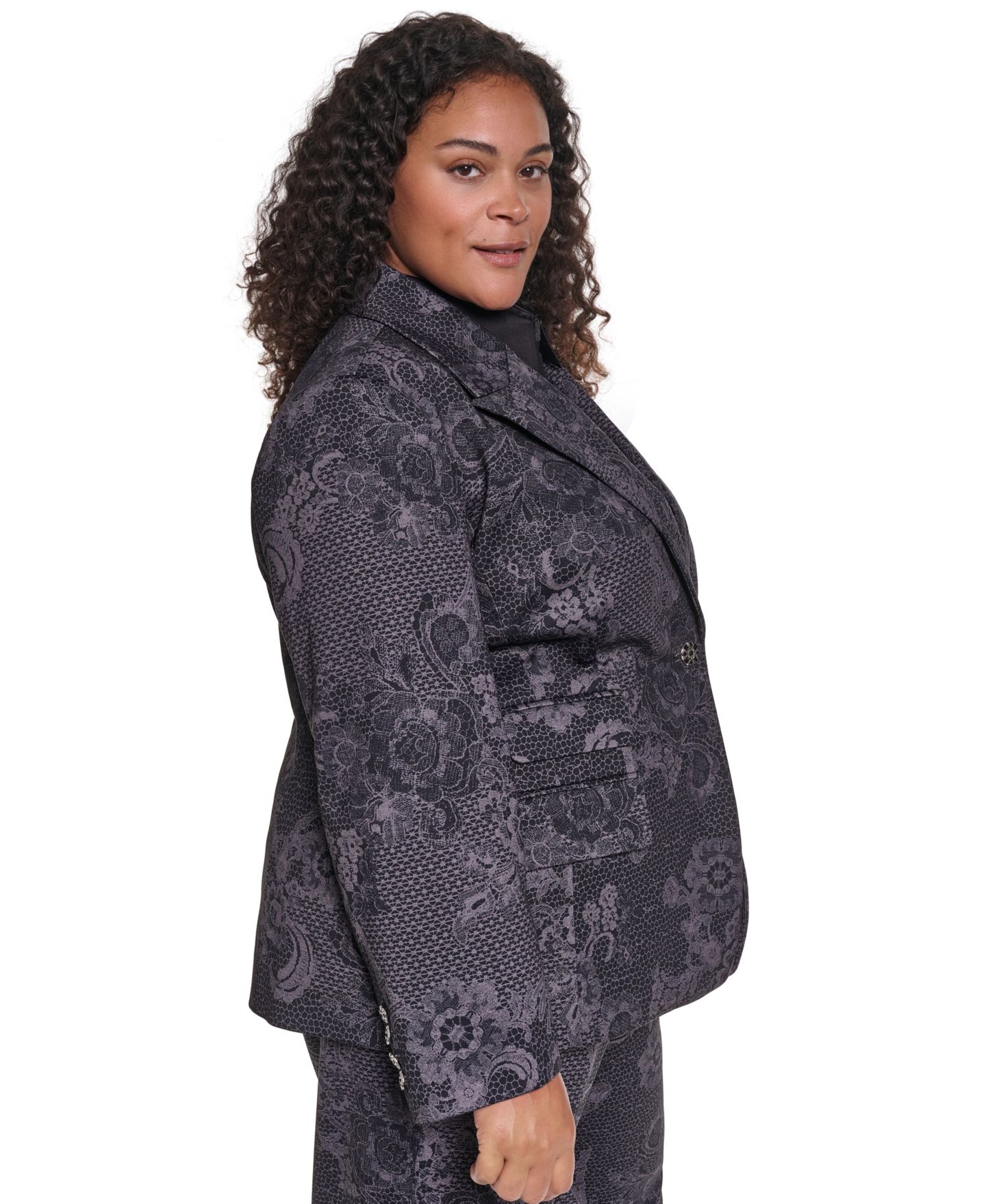 Женский пиджак KARL LAGERFELD PARIS Plus Size Floral-Print Jacquard Blazer, цвет: Чёрный графитовый меланжевый — фото 3