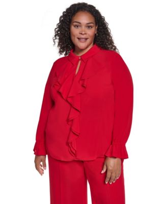Plus Size Button-Up Ruffle-Trim Keyhole Blouse