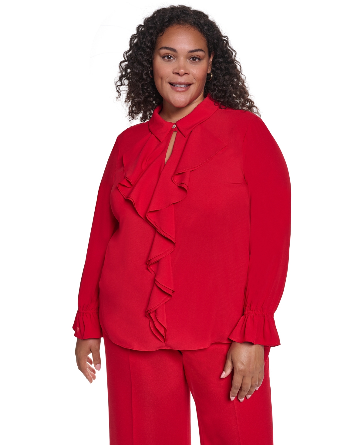 Karl Lagerfeld Paris Plus Button-Up Ruffle-Trim Keyhole Blouse