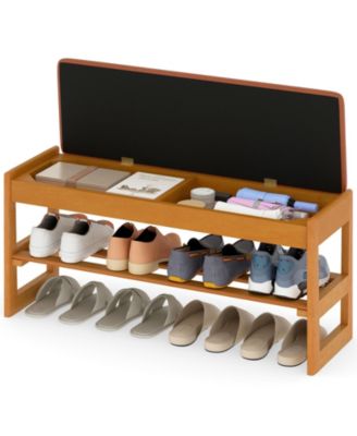 Shoe Rack Bench with Storage 2 Tier Rubberwood Entryway Bench with Flip Open Storage