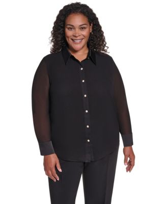Plus Size Button-Up Long-Sleeve Sheer Blouse
