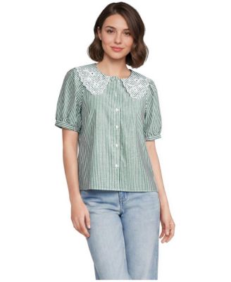 Women's Poplin Puff Sleeve Ruffle Collar Blouse