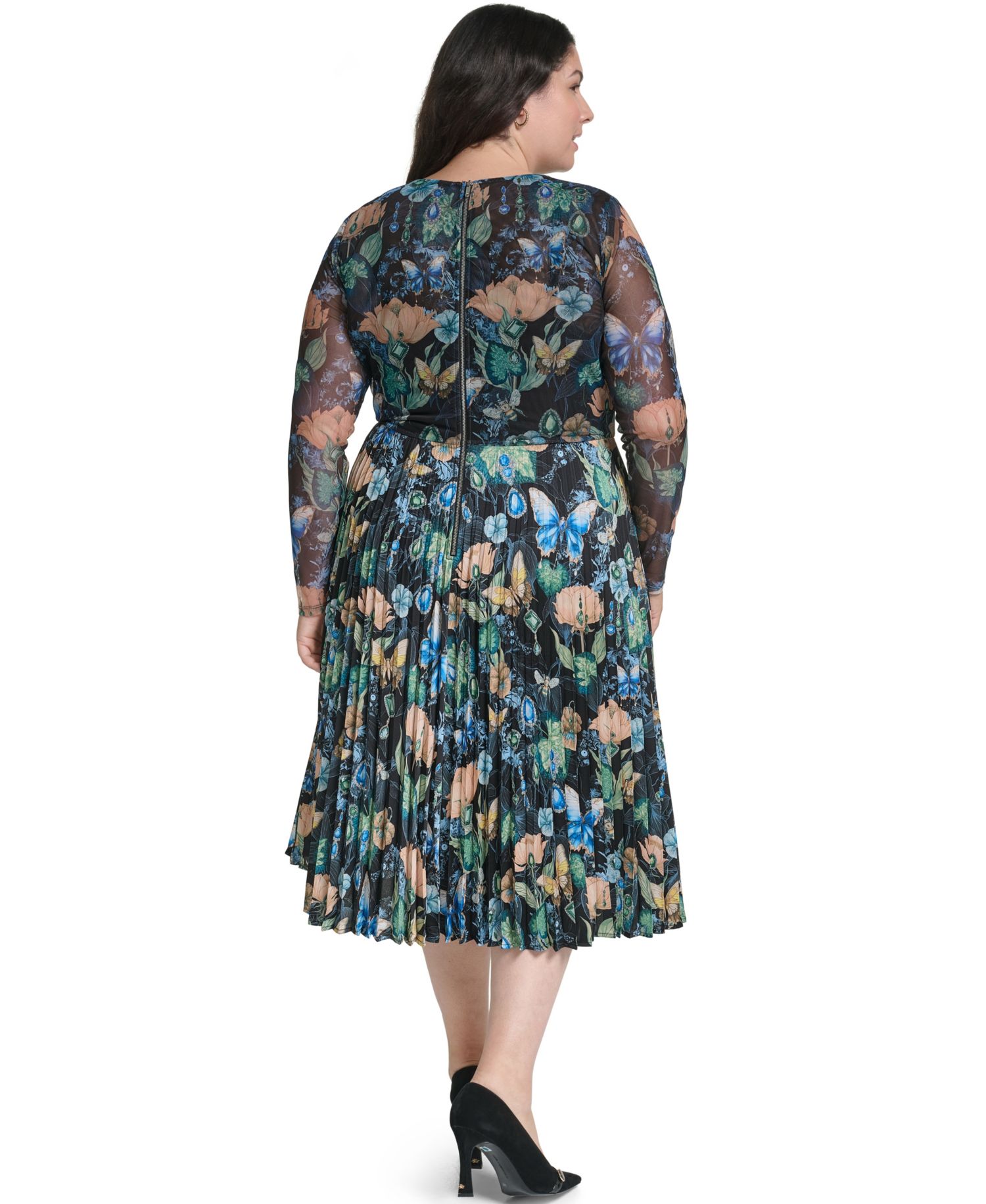 Plus Size Mixed Media Mesh Long-Sleeve Dress