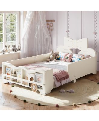 Twin Kids Bowknot Platform Bed with Guardrails and Bookshelf