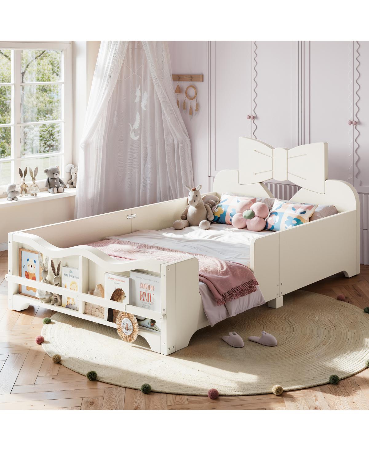 Streamdale Furniture Twin Kids Bowknot Platform Bed with Guardrails and Bookshelf - Beige