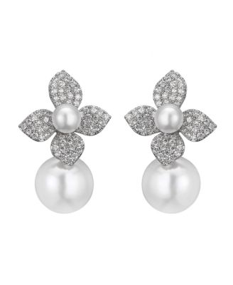 Crystal and Imitation Pearl Silver-Tone Magnolia Drop Earrings