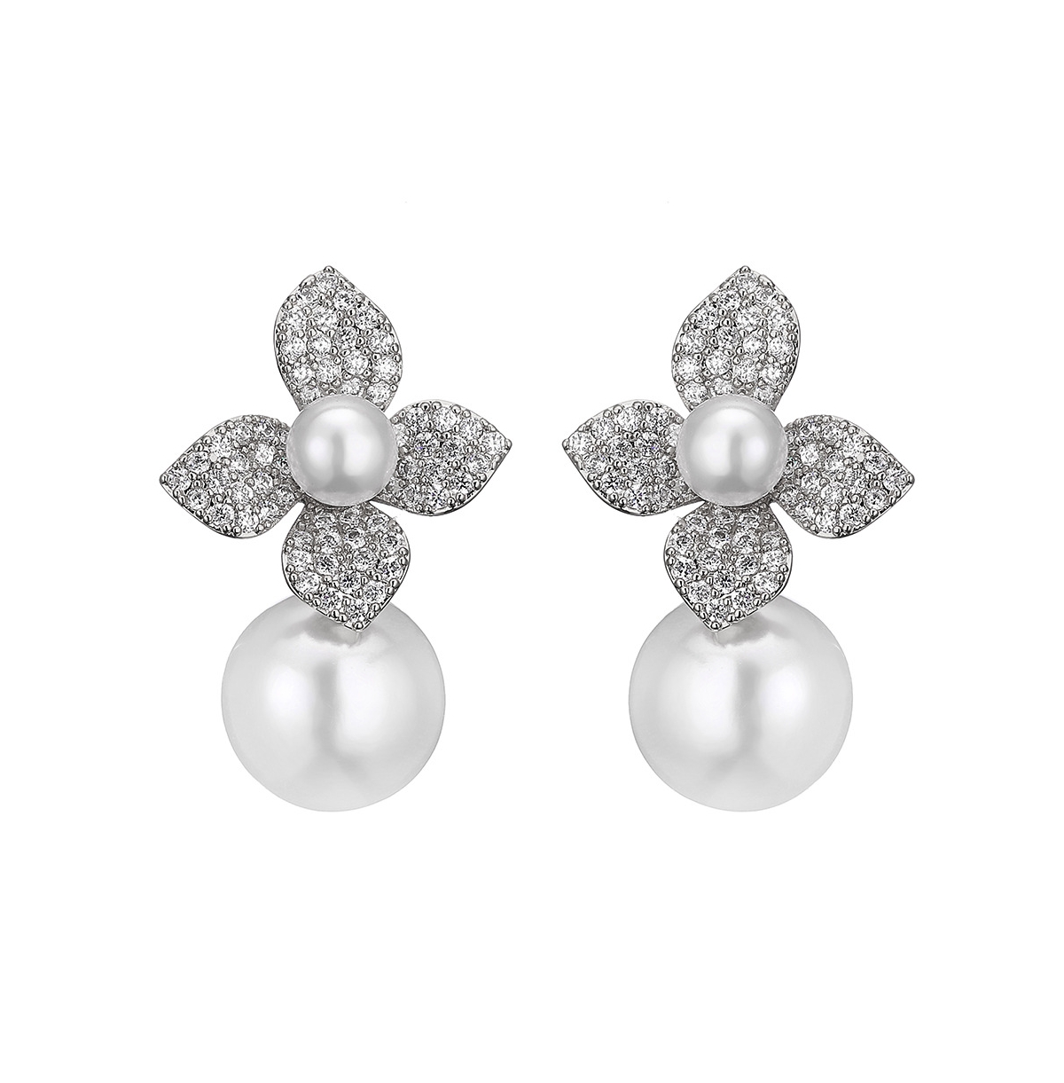 Untamed Petals Crystal and Imitation Pearl Silver-Tone Magnolia Drop Earrings
