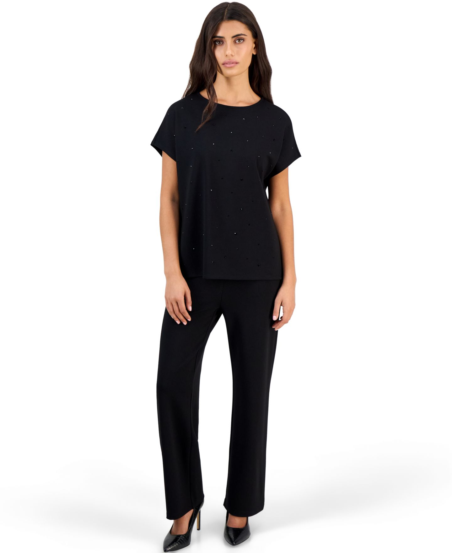 Anne Klein Essentials Women's Serenity Heatset Boat-Neck High-Waisted Wide-Leg Top and Pants, 2-Piece Set, цвет: Чёрный — фото 1