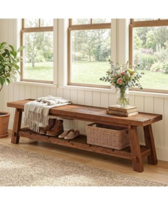 71" Solid Wood Entryway Bench with Shoe Storage, 2-Tier