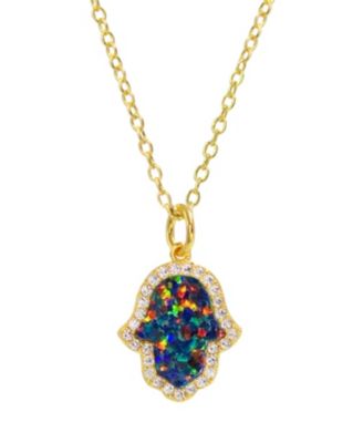 Hamsa Hand Necklace with Lab Grown Opal in 14k Gold Plated Sterling Silver