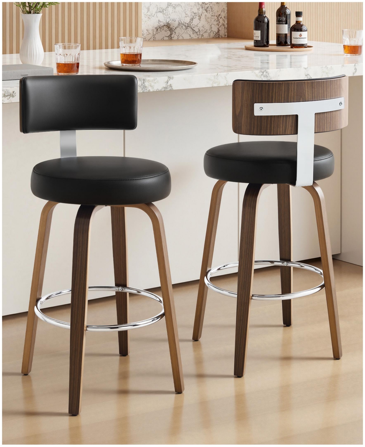 Bekrvio 29" Mid-Century Swivel Bar Height Stools, Faux Leather Kitchen Stools - Pu black