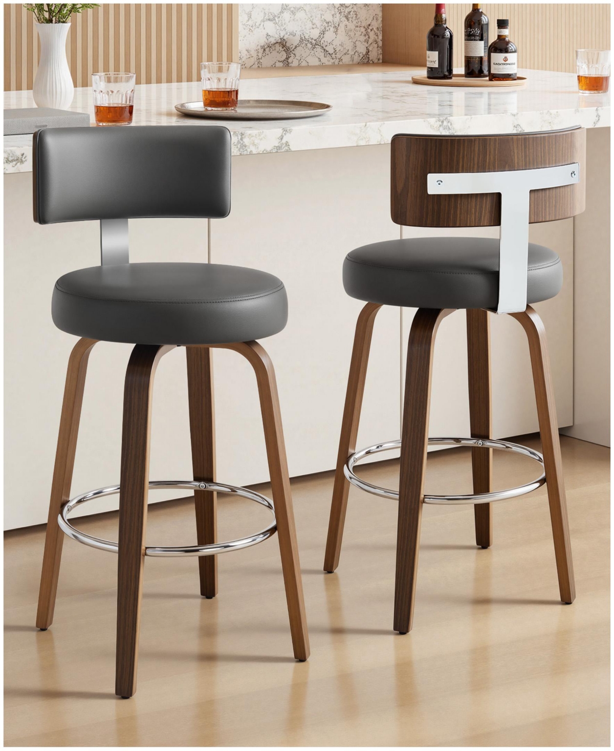 Bekrvio 29" Mid-Century Swivel Bar Height Stools, Faux Leather Kitchen Stools - Pu gray