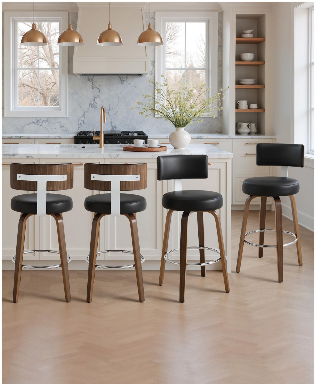 Bekrvio 29" Mid-Century Swivel Bar Height Stools, Faux Leather Kitchen Stools - Pu black