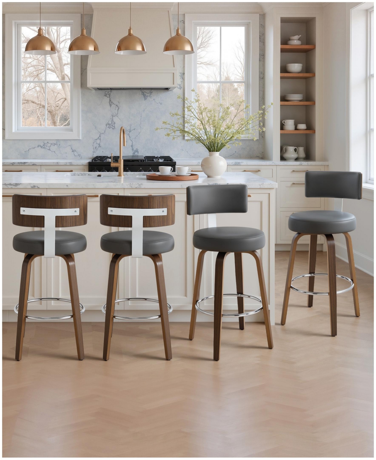 Bekrvio 29" Mid-Century Swivel Bar Height Stools, Faux Leather Kitchen Stools - Pu gray