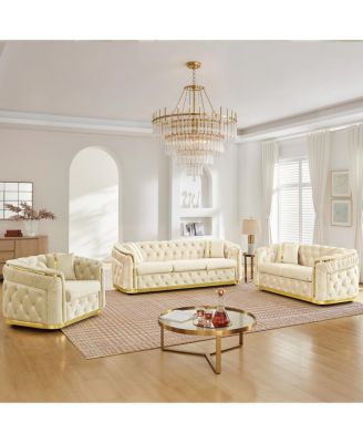  3-Piece Velvet Chesterfield Sofa Set with Gold Trim and 6 Pillows