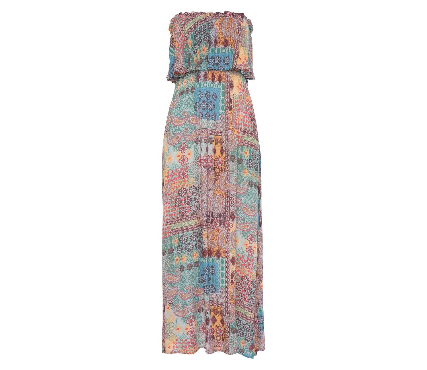 Women's Patchwork-Print Bandeau Ruffle-Trim Maxi Dress