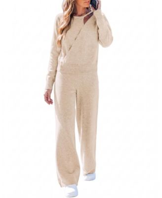 Women's Crew Neck Long-Sleeve Wide-Leg Top and Pants, 2-Piece Set