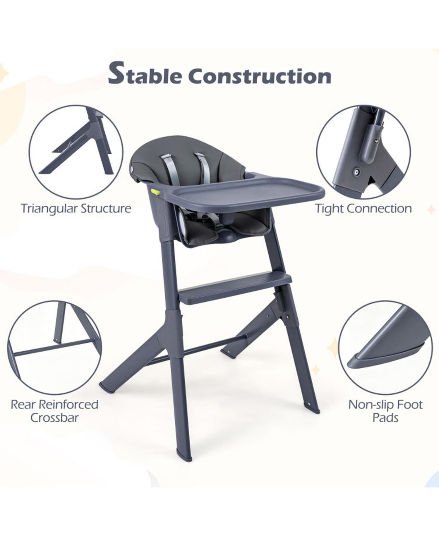 Footrest-Equipped 3-in-1 Washable High Chair for Toddlers