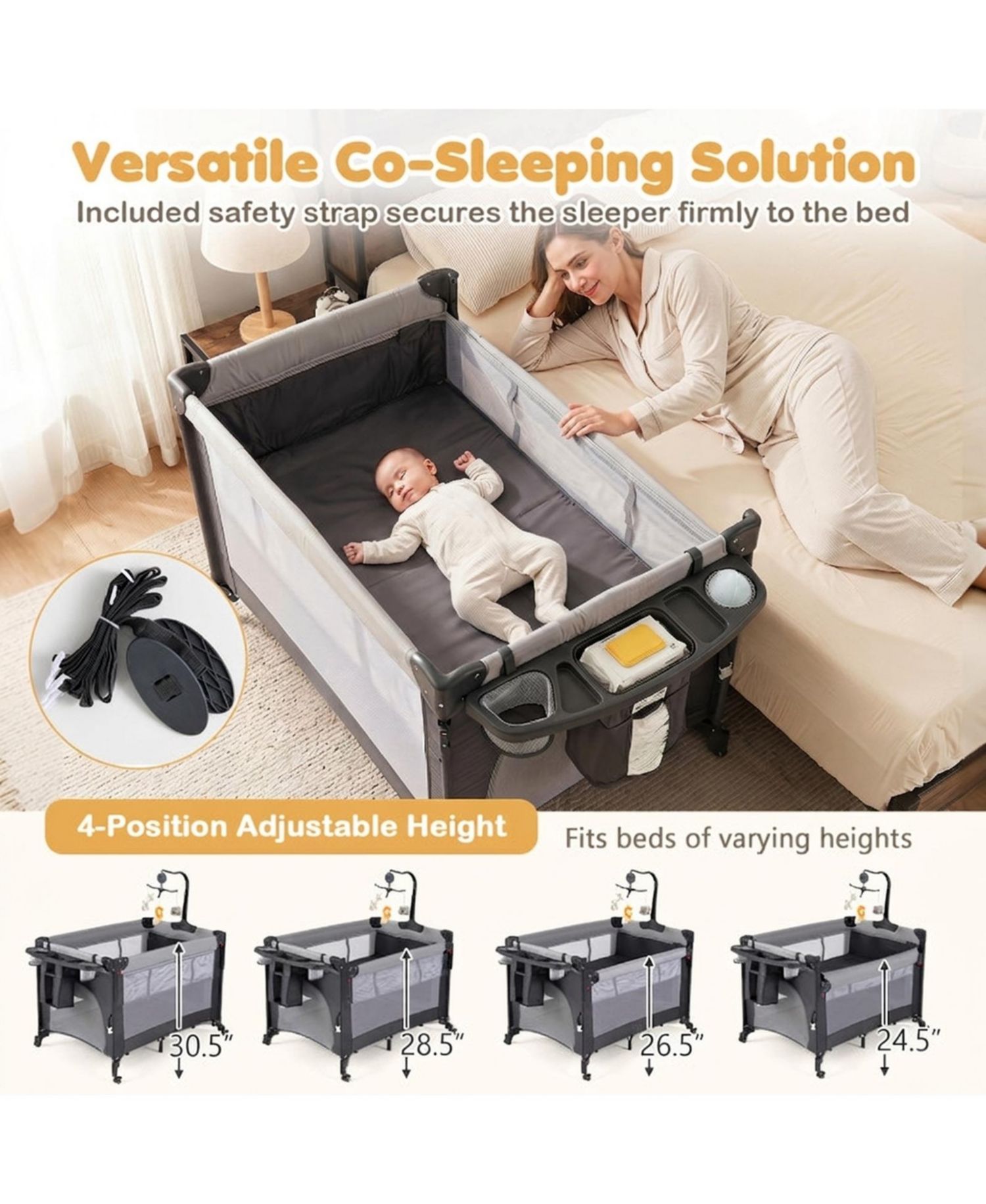 Baby 5-in-1 Portable Bedside Bassinet with Music Box