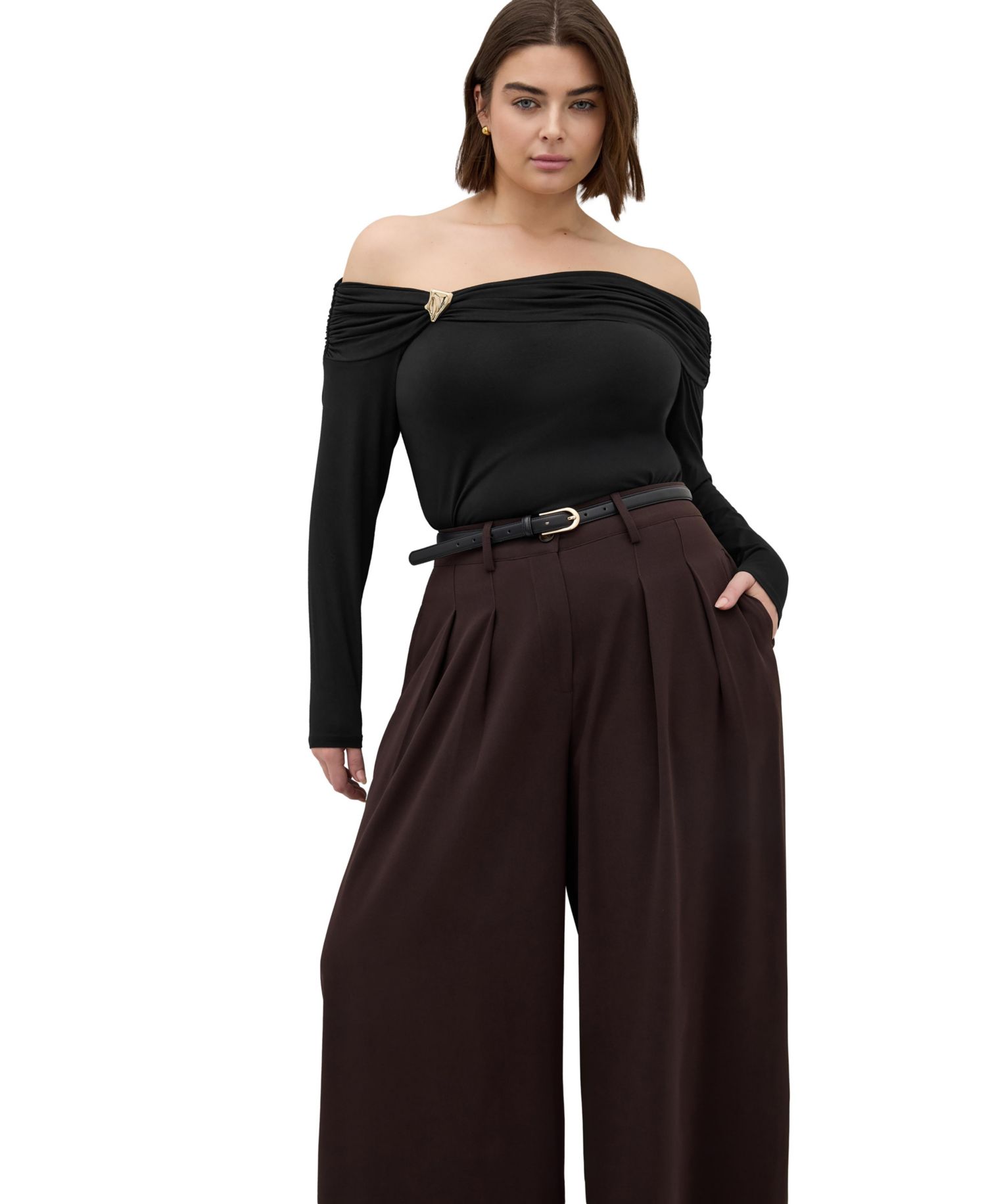 Women's Buckle Off Shoulder Long Sleeve Top