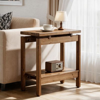 Solid Wood Side Table, 2-Tier Small End Table, Brown