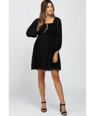 Women's Black Textured Dot Smocked Square Neck Chiffon Dress