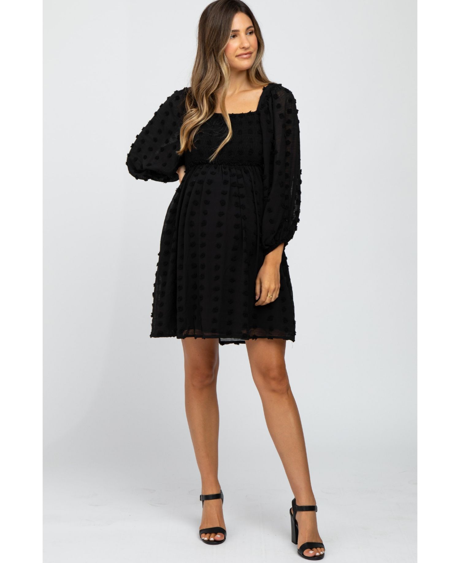 Women's Black Textured Dot Smocked Square Neck Chiffon Dress