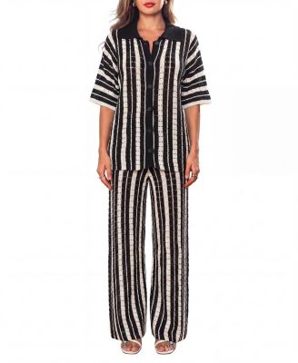 Women's Striped Openwork Knit Polo Matching Set