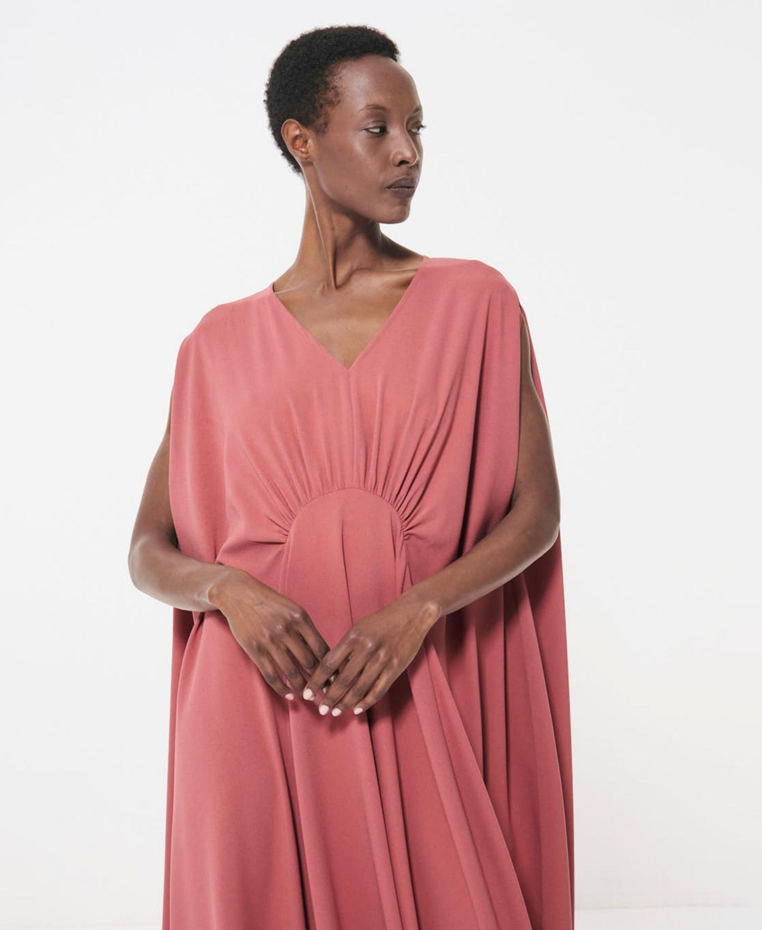 Women's Gathered Marked Waist V-Neck Loose-Fit Maxi Dress
