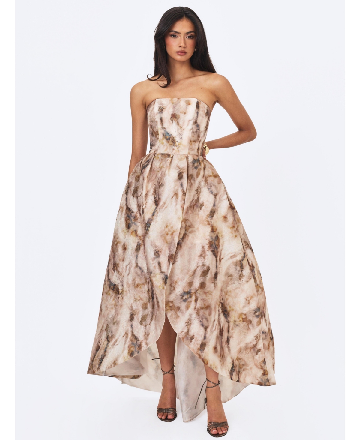 Miss Circle Women's Micaela Camel Watercolor Jacquard Chiffon Dipped Hem Gown