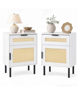 Set of 2 Rattan Nightstand with Drawer and Storage Cabinet 2 Anti-Tipping Kits White and Natural