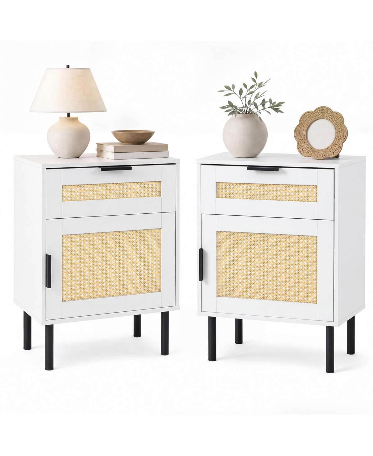 Gymax Set of 2 Rattan Nightstand w/ Drawer and Storage Cabinet 2 Anti-Tipping Kits White and Natural