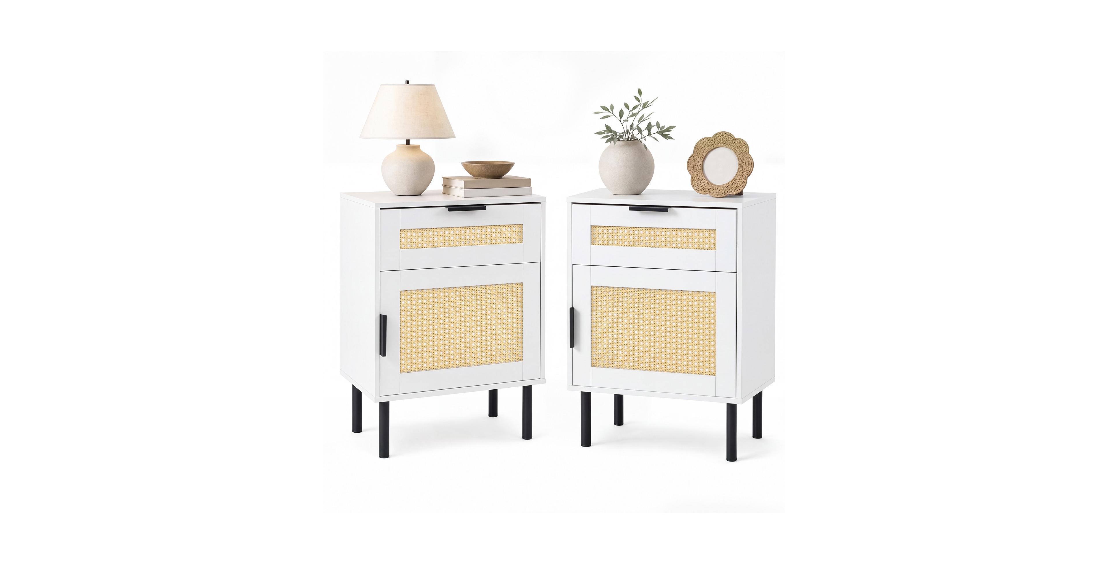 Gymax Set of 2 Rattan Nightstand w/ Drawer and Storage Cabinet 2 Anti-Tipping Kits White and Natural