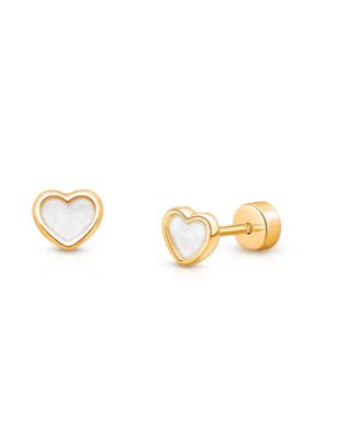14K Gold on Titanium Enchanted Heart Mother of Pearl Stud Screw Back Earrings