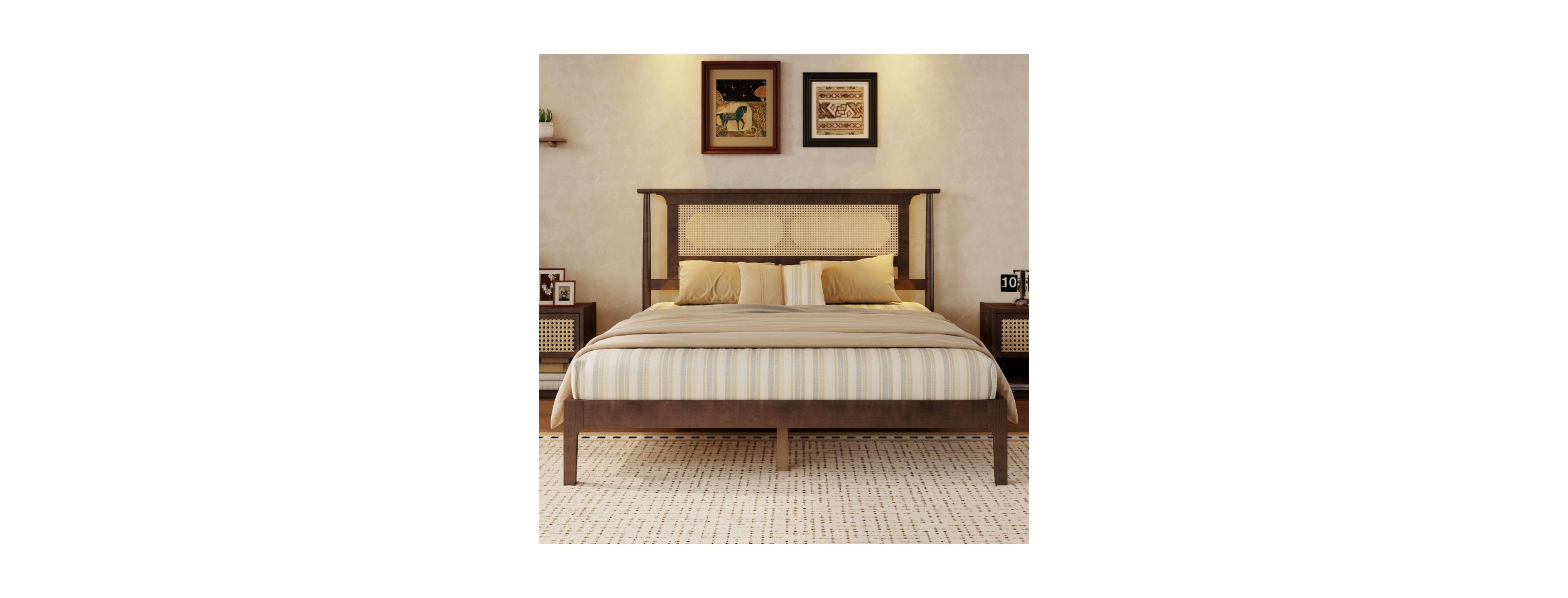 Rainsken Queen Size Solid Pine Wooden Bed, Pe Rattan Headboard Bed with Underbed Storage, Reinforced Support Legs for Bedroom Apartment Guest Room