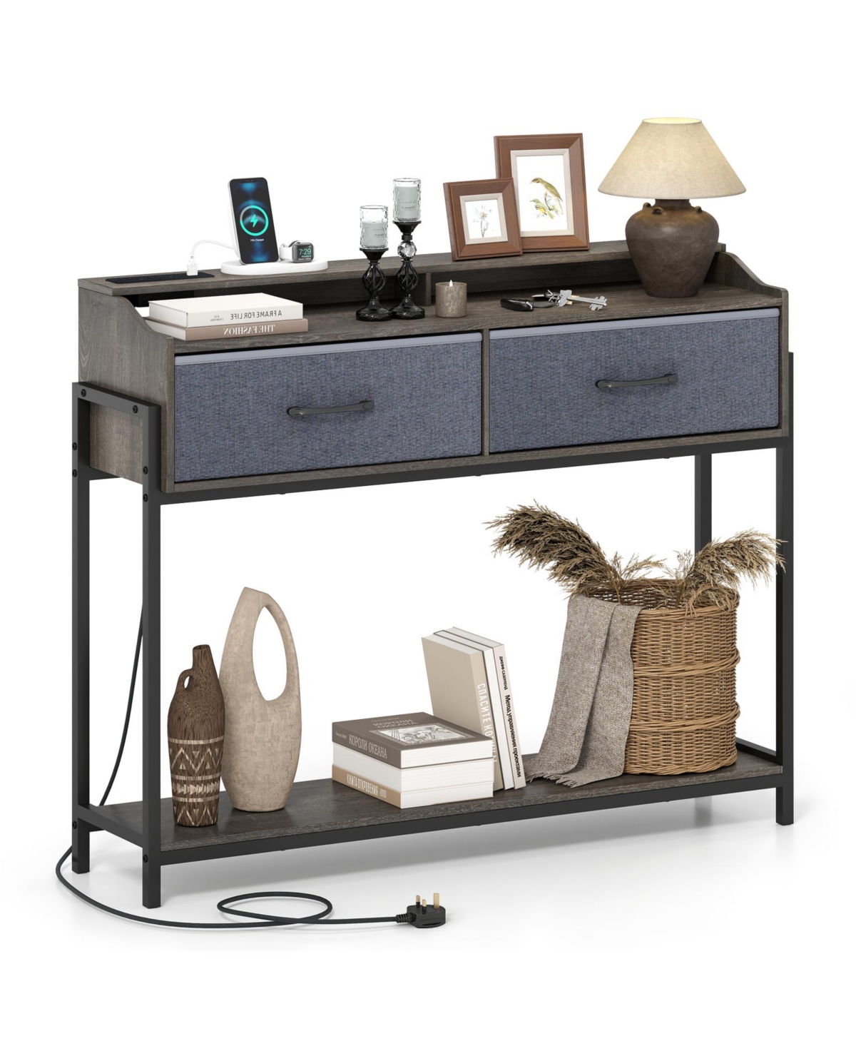 Gymax Console Table with Charging Station 2 Drawers Shelves for Living Room Hallway