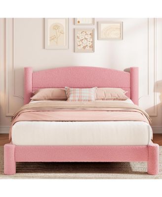 Queen Boucle Upholstered Platform Bed Frame, Cream White with Cloud-Design Headboard and Wood Slats, No Box Spring Needed, for Bedroom