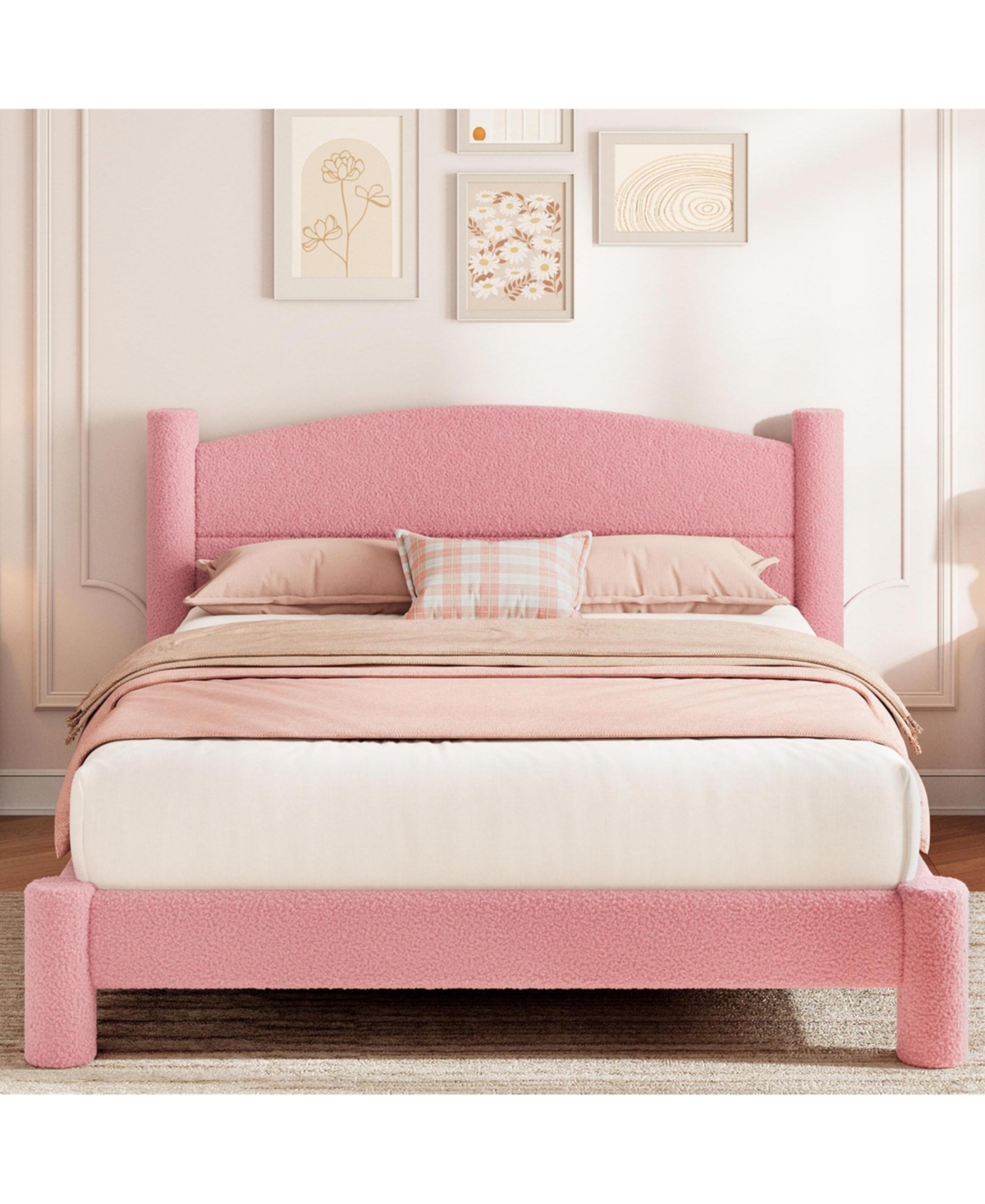 homfan Queen Boucle Upholstered Platform Bed Frame, Cream White with Cloud-Design Headboard and Wood Slats, No Box Spring Needed, for Bedroom