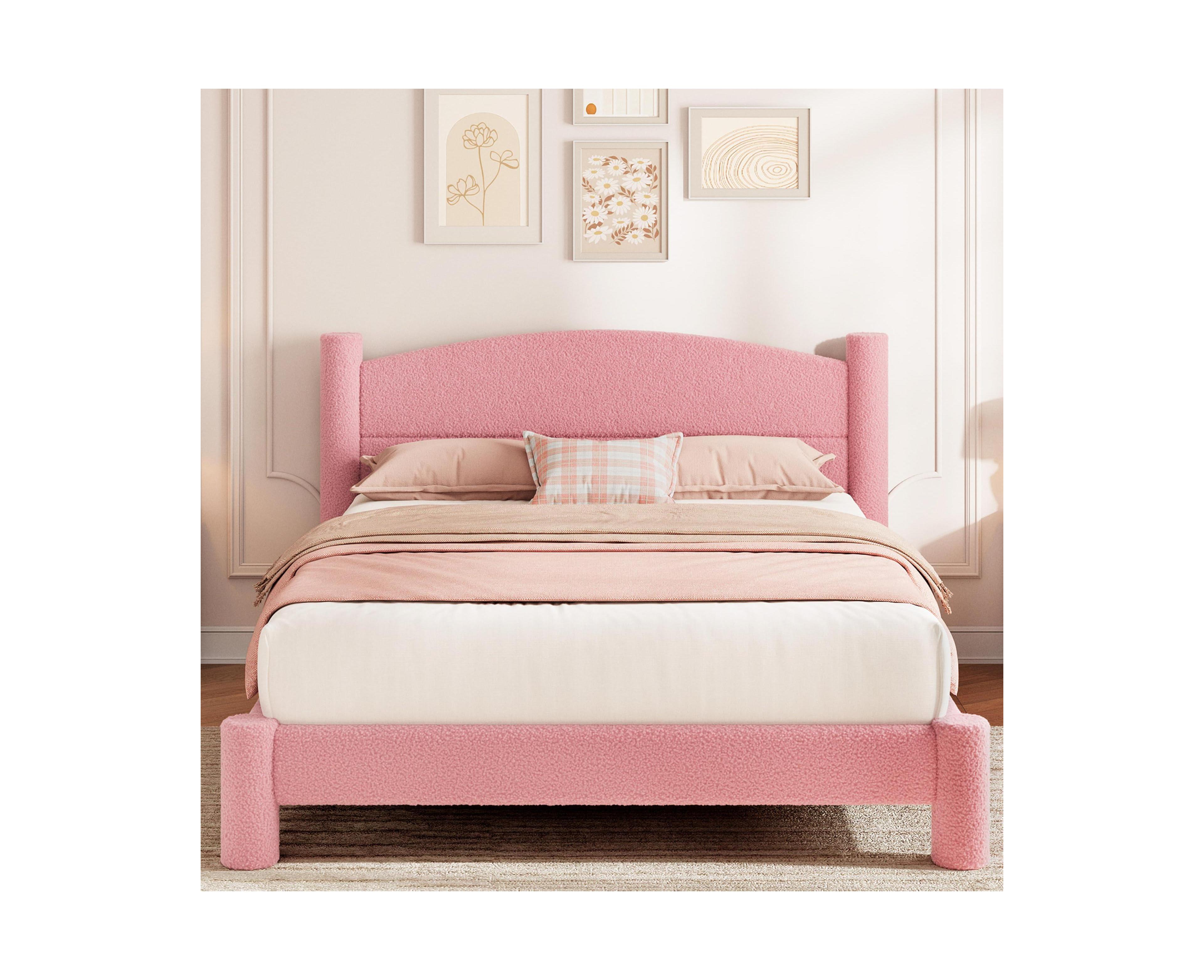 homfan Queen Boucle Upholstered Platform Bed Frame, Cream White with Cloud-Design Headboard and Wood Slats, No Box Spring Needed, for Bedroom