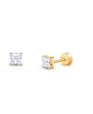 14K Gold on Titanium Princess Cut Stud Screw Back Earrings