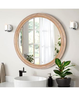 Round Farmhouse Wall Mirror Rustic Whitewash Decorative Accent Mirror for Bathroom Vanity